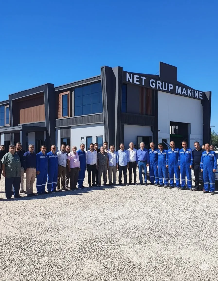 Net Grup Makine üretim tesisi önünde şirket ekibi